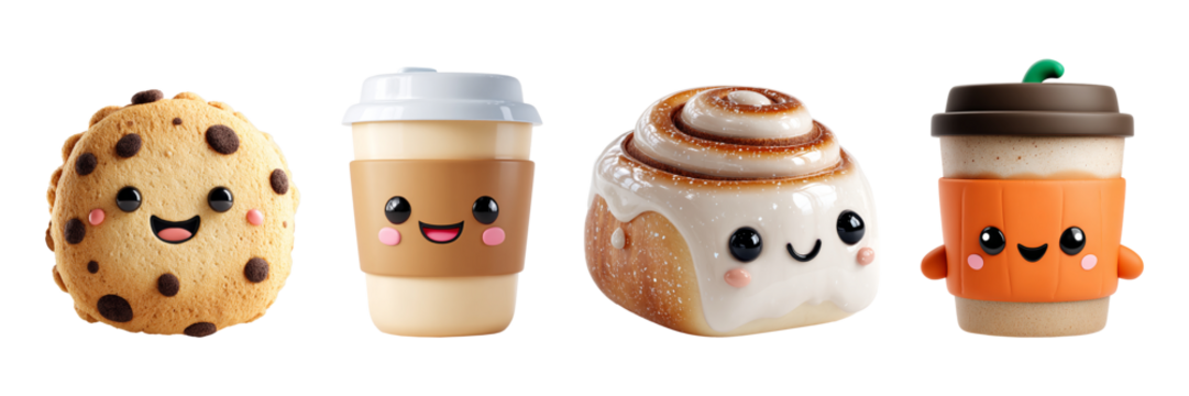 3d Cute Cookie, Coffee, and Pastry Characters with Smiling Faces