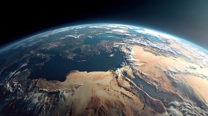 Detailed Earth view from space showing North Africa Europe and Middle East realistic satellite image with visible terrain and atmosphere