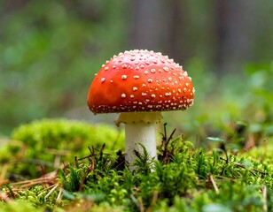 Red mushroom with white stem, nestled in green moss.  Bright red cap dotted with white spots.  Blurred forest background