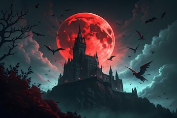 Dark Gothic Castle with Red Blood Moon and Bats-Ominous gothic castle silhouetted against a glowing red blood moon, surrounded by flying bats and eerie clouds in a horror fantasy scene.
