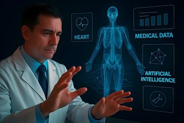 A doctor is interacting with a medical data interface, visualizing a human skeleton and heart with artificial intelligence