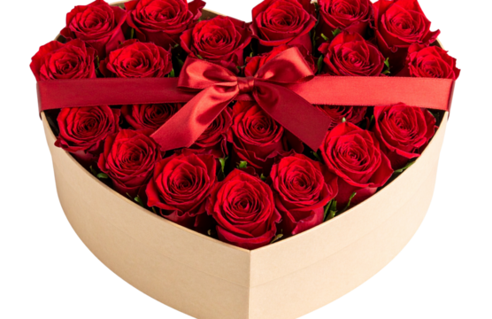 Romantic Heart-Shaped Gift Box Filled with Red Roses – Valentine’s Day Present Isolated on Transparent Background PNG