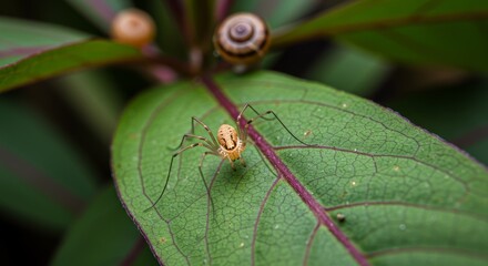 Harvestman and Snail on Vibrant Green Leaf