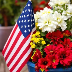 Obraz premium Patriotic floral arrangement with an American flag.