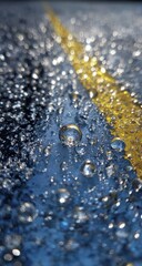 Close-up of water droplets on a dark surface with a diagonal yellow line