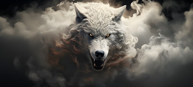 a light White fenrir , coming out of the smoke, Generative ai