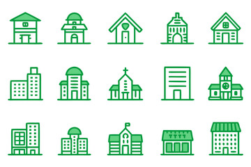Fototapeta premium Editable line art building icons collection featuring architectural elements and cityscape symbols in a monochrome palette with accent colors