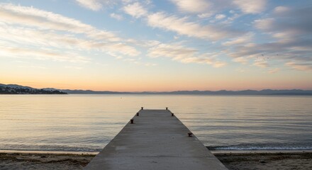 Obraz premium Tranquil Concrete Pier Extends into Calm Lake at Sunset