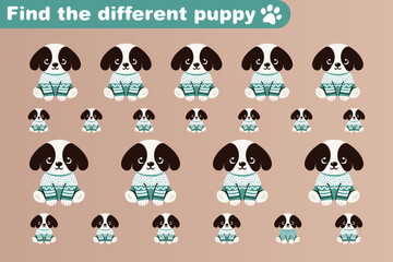 Education puzzle game for children, find the different one, with puppies in spotted sweaters