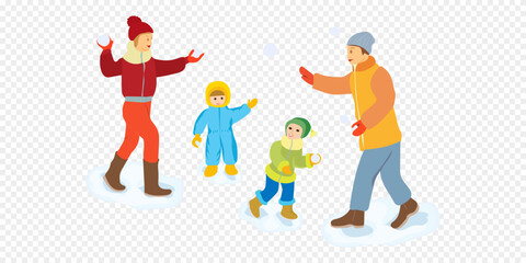 Happy family throwing snowballs - cartoon people characters illustration on white background. Concept of winter activity, New Year, Christmas. Smiling mother and father with children play outdoors