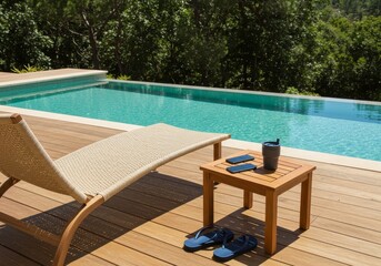 Relaxation by the Pool: Lounge Chair and Refreshments on a Wooden Deck