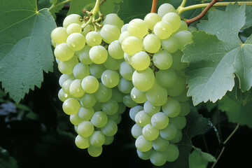 Dew-kissed grapes, plump and juicy on green grapes