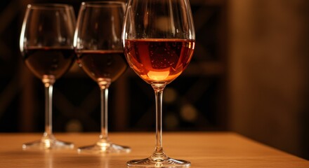 Wine Glasses with Red and Ros&eacute; Wine on a Wooden Table