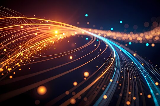 Abstract glowing fiber optic cable background-Colorful light trails representing high-speed internet, data transfer, or futuristic technology with glowing orange and blue fibers.