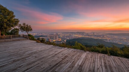 Fototapeta premium Panoramic City Sunset View From Mountaintop