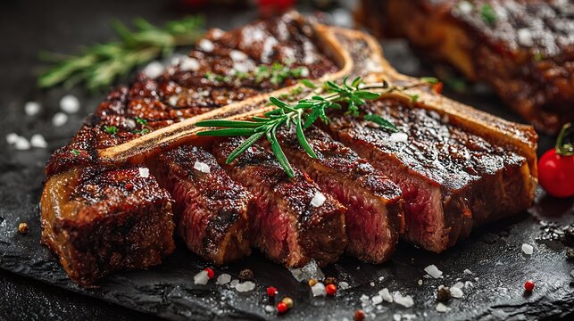 Dry aged barbecue porterhouse T-bone steak sliced with large fillet herbs and salt American meat restaurant