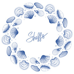 Blue seashells round decorative frame. Mediterranean vintage ink sketch style. Vector hand drawn illustration for cosmetics, underwater themes, nature branding with copy space