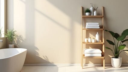 Fototapeta premium Wooden Ladder Shelf with Towels and Diffuser Bottles