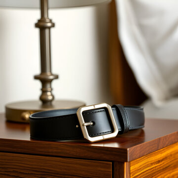 Mens belt on a bedstand