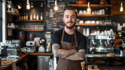 Fototapeta premium Modern barista with beard, tattoos and apron working in stylish coffee shop interior