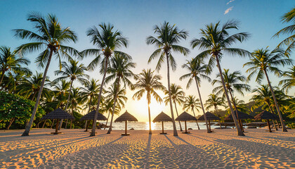 Many tall palm trees on a sandy beach with umbrellas