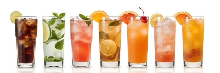 Seven summer drinks, arranged in clear glasses, include dark soda with lime, iced tea with lemon and mint, mojito with mint leaves, pink grapefruit drink, layered orange-red cocktail, and orange.