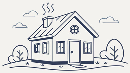Naklejka premium Cute house illustration vector art design with chimney smoke clouds trees and windows for real estate use