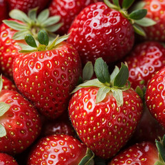 Fresh, ripe strawberries with vibrant red color and green leaves