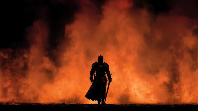 A dark armored knight holding a sword walks through intense fire and smoke, silhouetted dramatically against a fiery background, symbolizing power
