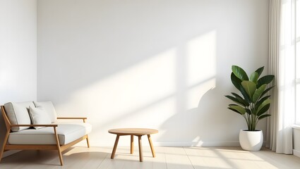 Scandinavian Minimal Living Room with Wooden Furniture and Plant