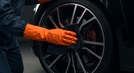 Fototapeta premium Car Tire Cleaning With Orange Gloves and Black Towel in a Well Lit Auto Detailing Setting