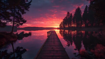 Lonely wooden pier stretching into calm lake during vivid sunset sky painted fiery red purple surrounded silhouette of tall tree gentle reflection water bird eye perspective showcasing rich natural