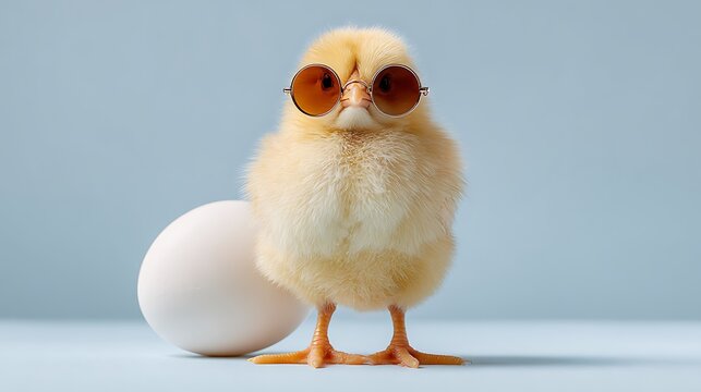 Easter chick wearing sunglasses standing on egg white background seasonal holiday fun marketing or social media content