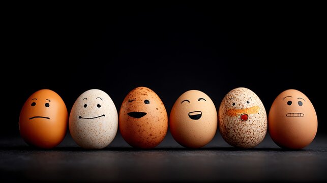 Eggs with funny faces showing emotions on black background diversity concept
