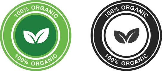 "100% Organic" vector labels with a leaf icon in green and black versions. Set of circular badges or stickers for certified organic food and natural products. Eco-friendly and bio product seals 