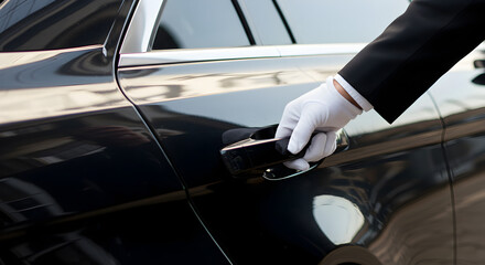 Naklejka premium Close Up of Black Car Door Being Opened by Hand Wearing a White Glove