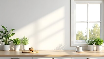 Minimal White Kitchen with Wooden Counter and Herbs
