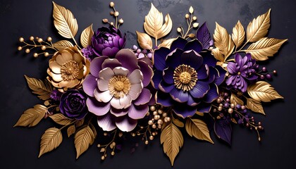 Purple and gold paper flowers, ornate arrangement