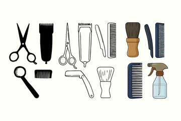 Vector set of a barber kit illustrated in silhouette, line art, and full-color styles. Ideal for grooming visuals, barbershop branding, hairstyling icons, salon tools, and male grooming design themes.