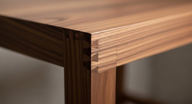 A detailed close-up of a handcrafted wooden table corner, showcasing the precision of a classic dovetail joint.