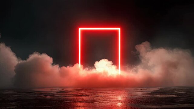 Bright red neon square frame glowing in thick fog on wet ground, cinematic surreal concept with mysterious sci-fi atmosphere