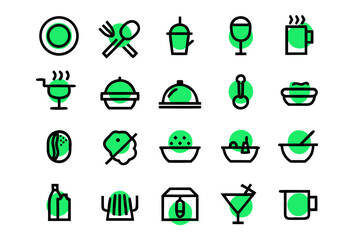 Comprehensive catering service line art icons for food industry businesses and hospitality professionals offering a variety of culinary related symbols