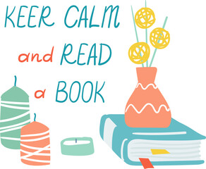 Book resting with a bookmark, surrounded by a vase of fresh flowers, candles flickering, and inspiring lettering promoting calmness and the joy of reading, embodying relaxation and tranquility