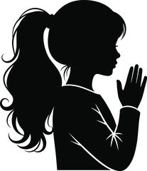 Female silhouette with raised hand in black cad vector style for confident pose, empowerment, expressive gesture and lifestyle design