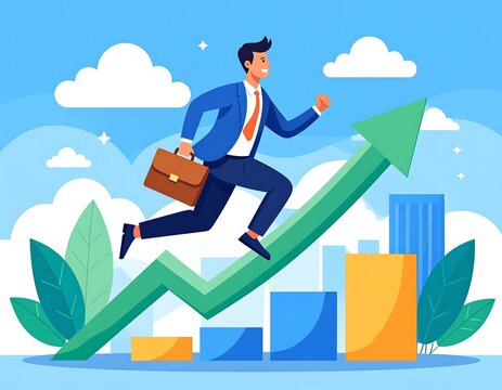 Businessman running up a rising graph