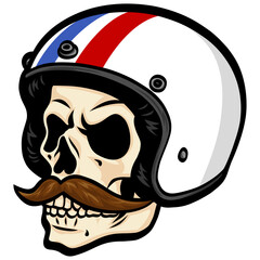 Skull Wearing Helmet Vintage Retro Style of Motorcycle Racer Illustration