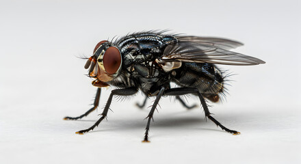 Fototapeta premium Detailed Close-up of a Black Fly with Red Eyes and Translucent Wings on a White Background