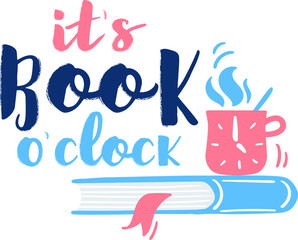 Book o'clock concept featuring a steaming mug with a clock on it, placed on a closed book with a bookmark, inviting readers to relax and enjoy reading