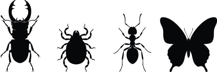 Stag beetle, tick, ant, and butterfly insect silhouettes in flat cad drawing vector style for entomology, biology, education use
