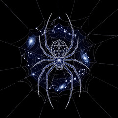 A spider weaving a web made of constellations and stars